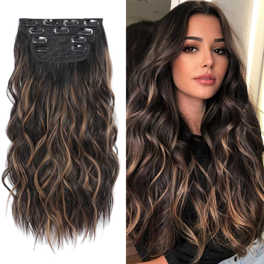 Clip In Hair Extensions Naturally Soft Hair & Blends Well Hair Extension, Long Wavy Thick Hairpieces for Women, 4Pcs Double Weft Synthetic Hair Extensions (20 Inch, Black & Dark Mix Light Brown)