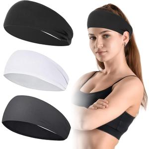 2 x Sports Headbands for Women, Moisture Wicking Workout Headband, Stylish Comfortable and Stretchy Non Slip Headband, Sports, Yoga, Running Essentials for Women, Sweat Absorption and Quick Drying (Black/White/Grey)