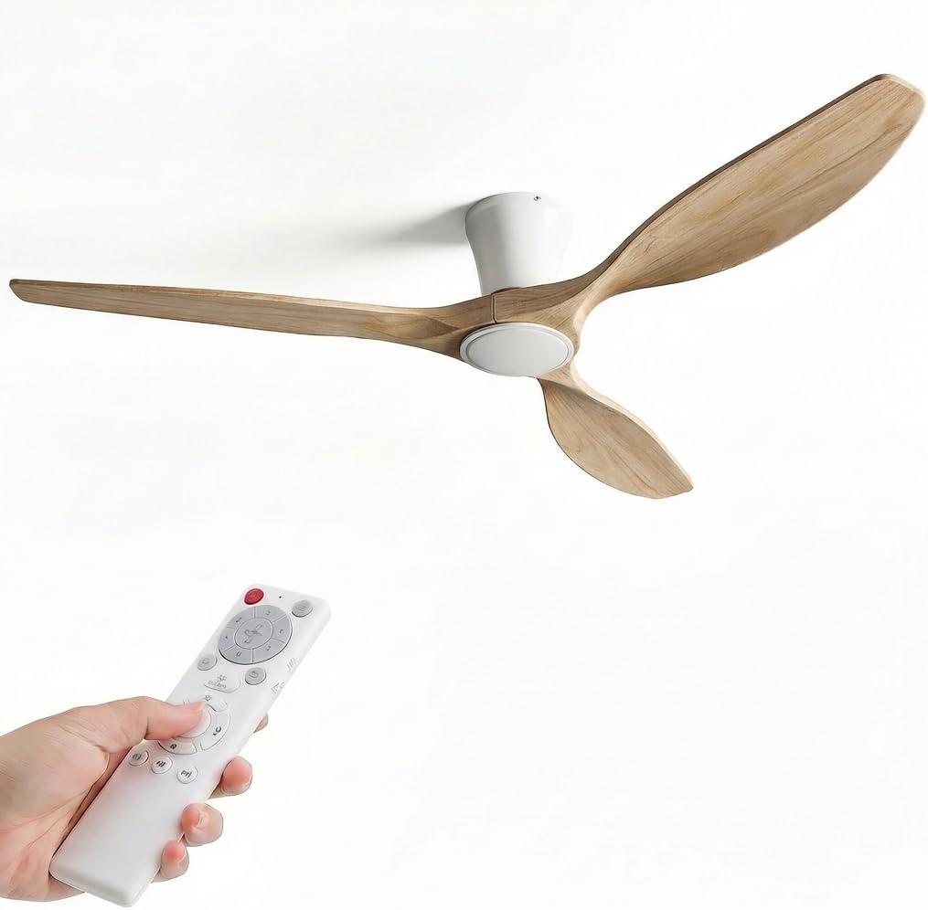 Skylike 52" Flush Mount Wood Ceiling Fan with Lights, 3 Blade Low Profile Rustic Ceiling Fan with Remote Control,Quiet Indoor/Outdoor Light Walnut Ceiling Fan for Patio,Porch, Gazebo, Bedroom