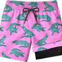 Boys Swim Trunks with Compression Liner for 7-16 Years,Quick-Dry Swim Shorts for Kids Teen,Sun Protection Swimming Trunks (Pink)
