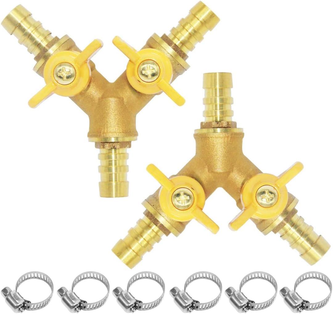 Beduan 3 Way Shut Off Ball Valve 3/8" Hose Barb 2 Switch Brass Y Shaped Valve for Fuel Water Gas Air(Pack of 2)
