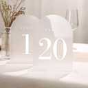 UNIQOOO Frosted Arch Wedding Table Numbers with Stands 1-20, 5x7" Acrylic Display Signs and Holders, Pack of 20, Perfect for Centerpiece, Reception, Decoration, Party, Anniversary, Event, White Font 1-20