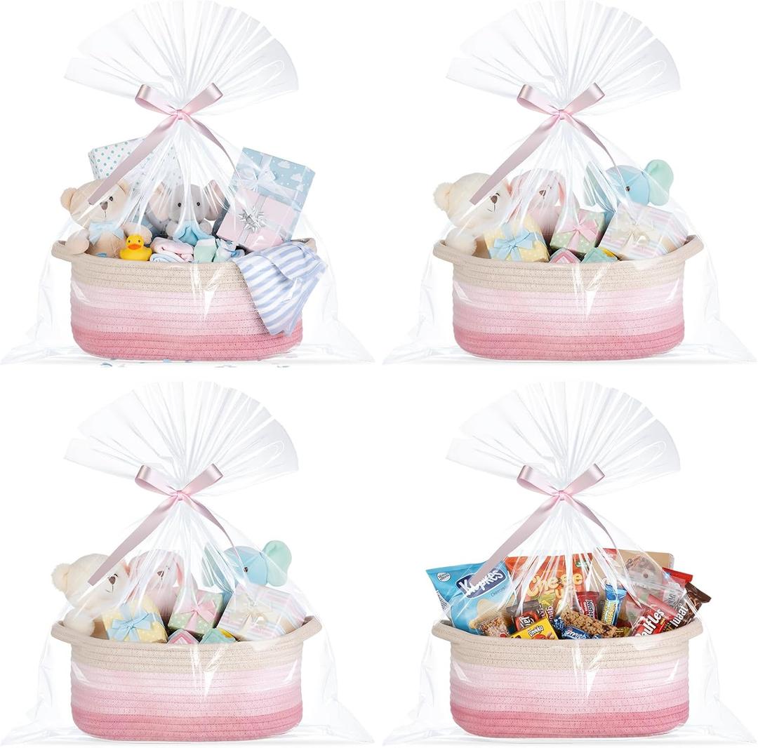 Weysat 4 Pack Christmas Empty Pink Gift Baskets Small Woven Cotton Rope Baskets with Gift Bags Ribbons and Handles, 12" x 8" x 5" Cute Storage Box for Birthday Nursery Toy Treat Wrap Organizer