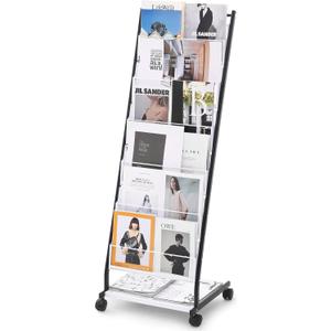 VEVOR Brochure Display Rack, 6-Tier Magazine Literature Display Stand, Floor Standing Magazine Rack Newspaper Catalog Holders, Movable with 4 Wheels (2 Lockable) for Shop Exhibitions Office, 6 Pockets