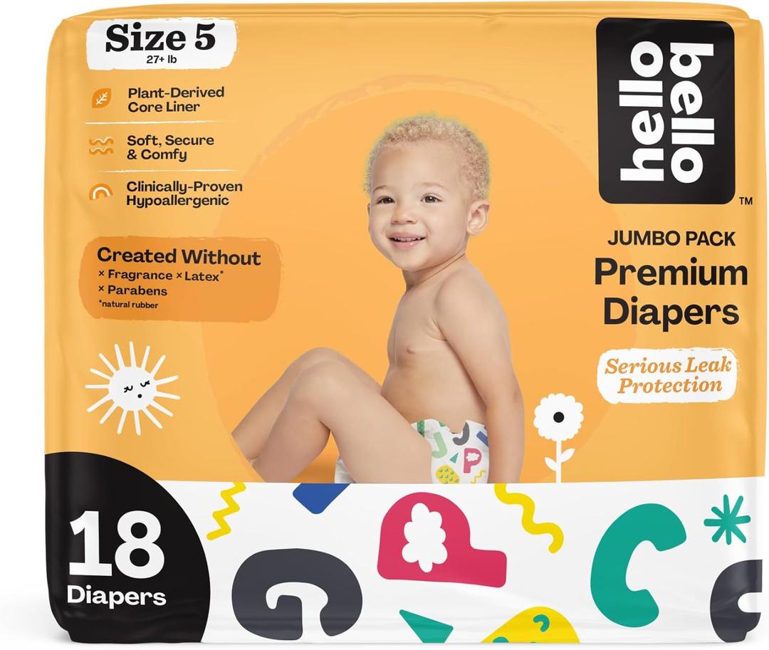 Hello Bello Premium Baby Diapers Size 5, 18 Count of Disposable, Extra-Absorbent, Hypoallergenic Baby Diapers with Snug and Comfort Fit, Alphabet Soup