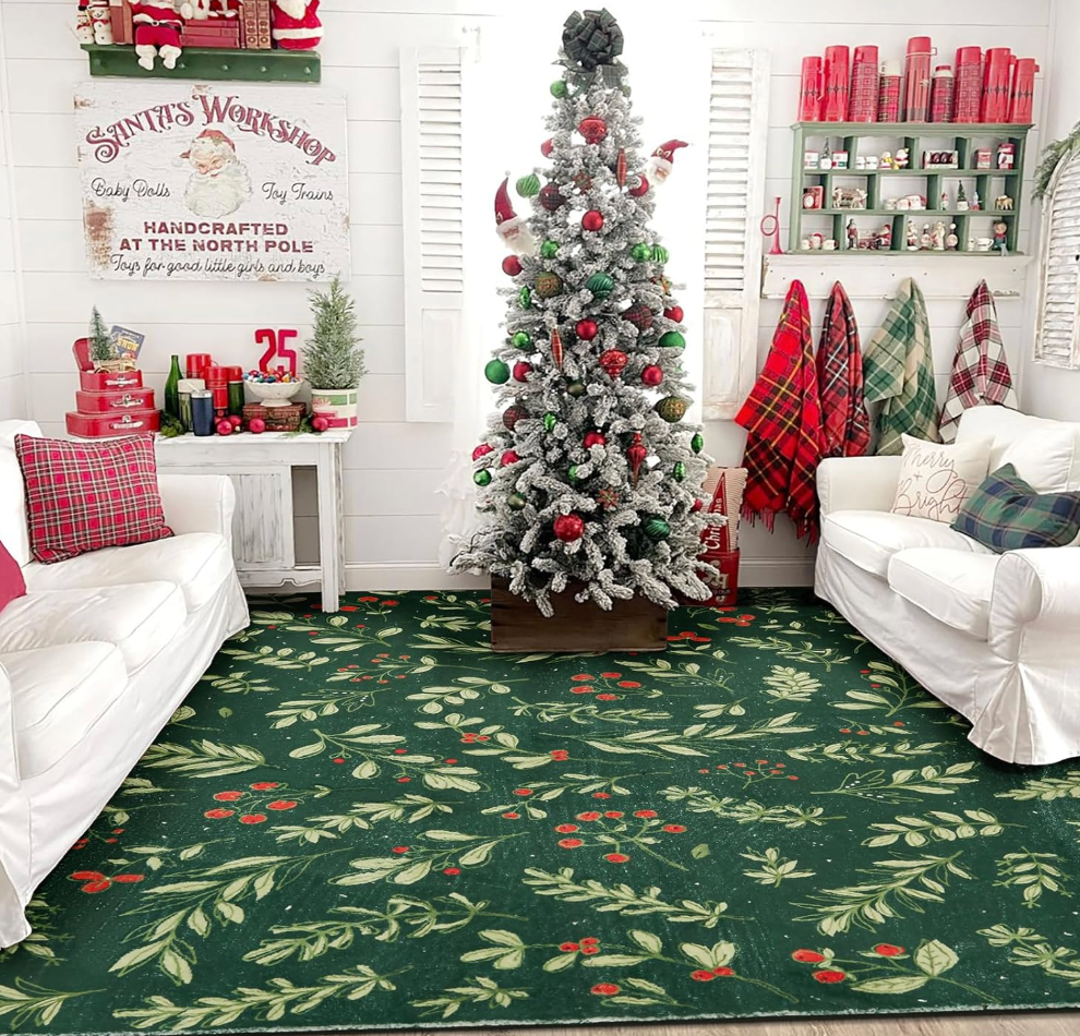 Washable Vintage Floral Christmas 3x5 Area Rugs Non Slip  Ultra Thin Soft Xmas Tree Green Berries Holly Branches Festive Winter Christmas Rug Accent Carpet for Kitchen Bedroom Entryway Dorm