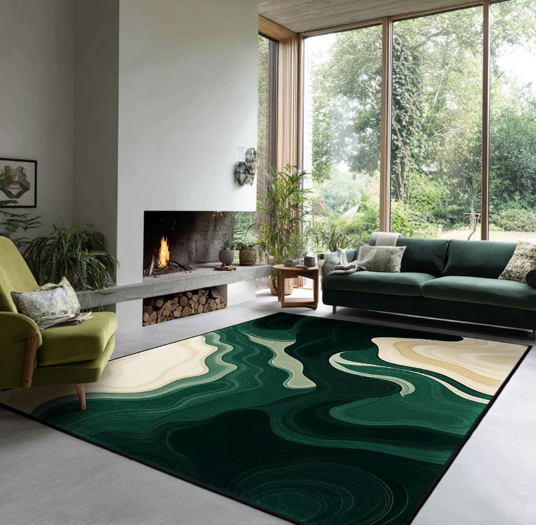AQQA Area Rugs 5x7 for Living Room Bedroom, Modern Green and Beige Abstract Machine Washable Faux Wool Rug Soft Rug, Low Pile Thin Floor Carpet with Non Slip Backing for Dining Room,Green