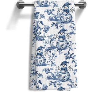 Blue and White Chinoiserie Winter Snowman Kitchen Dish Towels Winter Blue Forest Snowman Hand Towels,Christmas Kitchen Bathroom Decor, 16x24 Inch