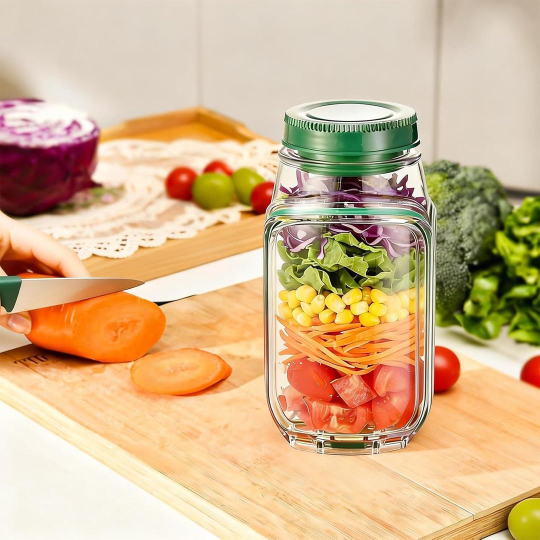 Salad Jar with Side Opening - Leakproof Salad Container & Pod, Mason Jar with Dressing Cup, Portable Lunch Container for Meal Prep, Dishwasher & Freezer Safe, for Office, Gym(Green)