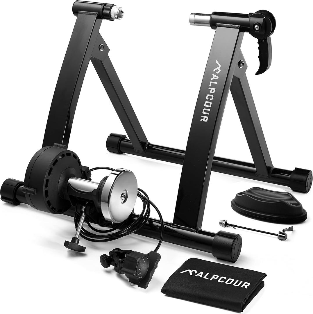 Alpcour Bike Trainer Stand for Indoor Riding Portable Foldable Magnetic Stainless Steel Indoor Trainer, Noise Reduction, 6 Resistance Settings & Bag Stationary Exercise for Road & Mountain Bikes
