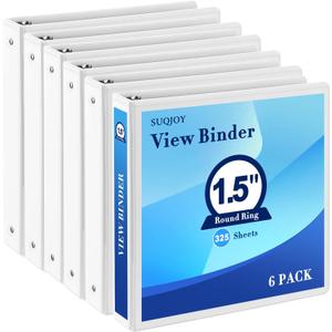 SUQJOY 1.5-Inch 3-Ring Binder with Pockets, 1-1/2 Clear View Binders,PVC Free, White Binder Holds up to 325 Sheets US Letter Size, Perfect for School,Office and Home(6 Pack)