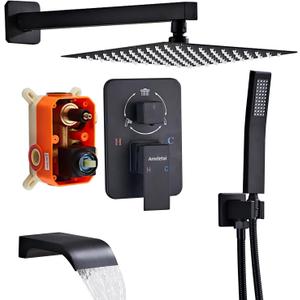 Ameletai 10" Matte Black Shower Faucet Set  Square Rainfall Showerhead + Handheld & Waterfall Spout, Wall-Mounted, AntiClog Silicone  Modern Bathroom Hardware