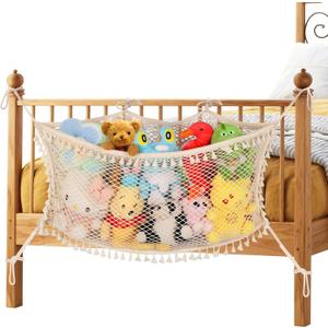 Stuffed Animal Storage Net, Large Bedside Toy Organizer Net, Cotton Plushie Toy Storage Hammock with Tether for Stuffed Animals Playroom Organization, Beige