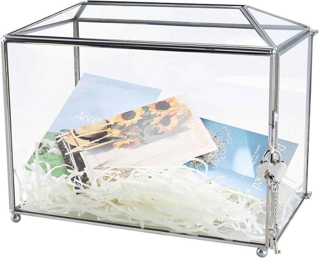 HighFree Silver Glass Card Box with Slot & Lock, Large Clear Card Gift Box for Wedding Receptions, Baby Showers, Birthday Parties, Bridal Showers