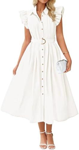 ZESICA Women's 2025 Summer Boho Button Midi Dresses Casual V Neck Flutter Sleeve Belted Long Dresses with Pockets (White, Small)