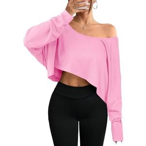 Hilinker Womens Off Shoulder Long Sleeve Crop Tops Sexy Boat Neck Loose Casual T Shirt, L