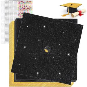 BRIFUTR 2025 Upgrade Graduation Cap Decorations kit, Includes 12 Pcs 9.5 X 9.5 Graduation Cap Topper Blank Glitter Cardstock with Self-Adhesive and 5 Sheets Rhinestones for Graduation Cap Topper, 9.5 inches by 9.5 inches