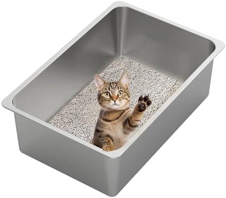 Kirecoo Stainless Steel Cat Litter Box XXL- Metal High Sided Cat Pan, Large Stainless Steel Box, Indoor Litter Tray, Non Stick, No Smell, Easy to Clean, Pet Toilet Supplies for Kitten, Kitty, Rabbit
