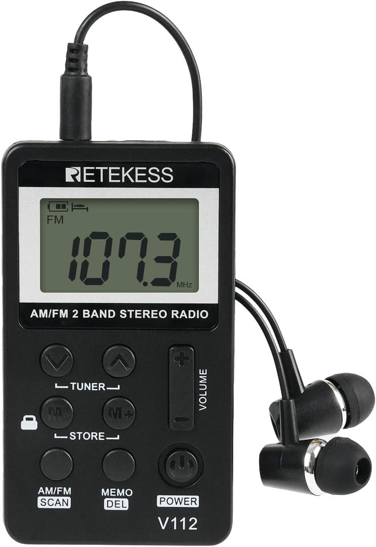 Retekess V112 AM FM Pocket Radio, Digital Radio with Earphone, Rechargeable Battery with LCD Display for Walking, Jogging, Training(Black)