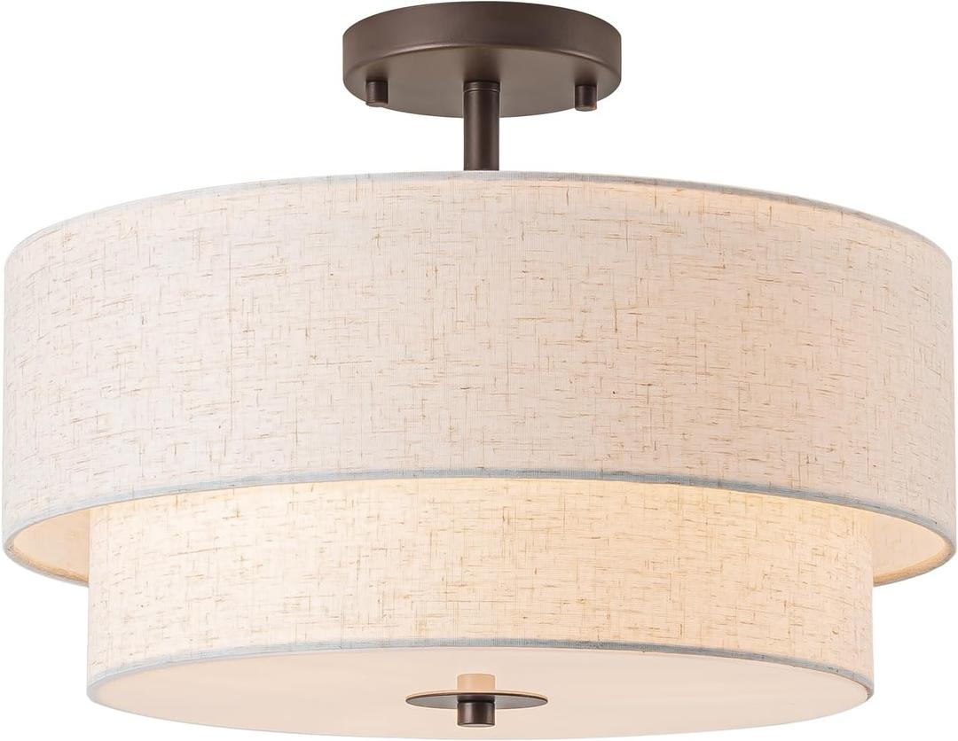 Bargeni 16" Semi Flush Mount Ceiling Light, 3-Light Double Drum Ceiling Light Fixture, Oil Rubbed Bronze with Linen Fabric Shade, Modern Close to Ceiling Light for Living Room, Bedroom, Dining Room
