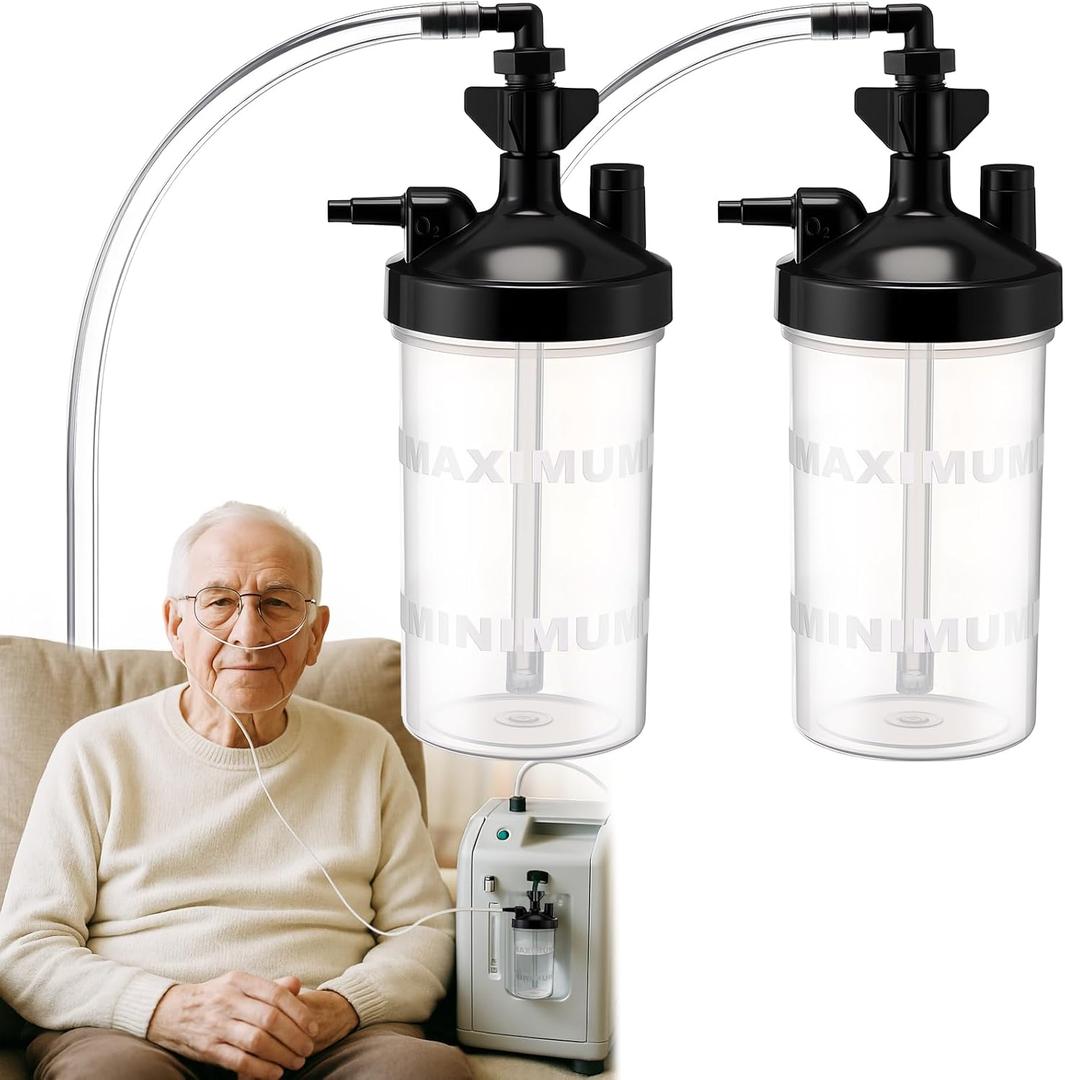 Geiserailie 2 Pack Oxygen Humidifier Bottle, Sturdy 6 LPM Humidifier Oxygen Bottle with 12" Adapter Tubing for Home or Travel Portable O2 Humidification