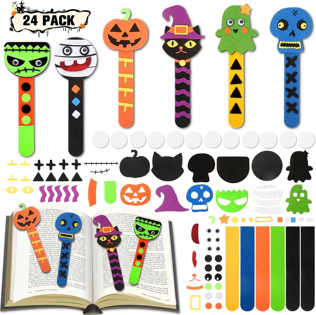 24pcs Halloween Bookmarks DIY Gifts Halloween Party Favors,Halloween Crafts for Kids Ages 4-8,Classroom Prizes Crafts Supplies,Halloween Trick or Treating Goodie,Treat Bags Gifts Fillers Bulk