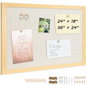 DOLLAR BOSS Bulletin Board with Linen 24'' x 18'' Wood Framed Cork Boards for Walls, Photo Display Pin Board, Decorative Corkboard for Office Home School Dorm Decor with 10 Pushpins, Natural Wood