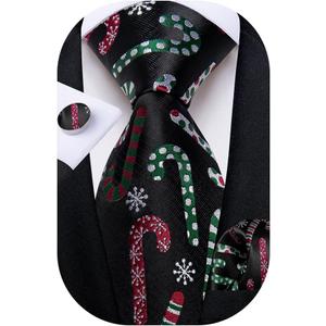 DiBanGu Christmas Ties for Men Festival Mens Holiday Tie and Pocket Square Set Santa Xmas Party Vacation Necktie (Black Cane Candy)