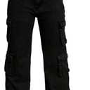 Plus Szie Women's Cargo Pants, Denim, Wide Leg, Straight Fit, Multi-Pocket Design, Casual Streetwear Style (1X, Black)