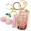 Sparkly Key Fob Cover with Cherry Keychain, Bling TPU Smart Key Case for Women, Compatible with Ford Fusion Mustang Ranger Explorer Expedition Lincoln Aviator Corsair (5-Button, Gold Pink)