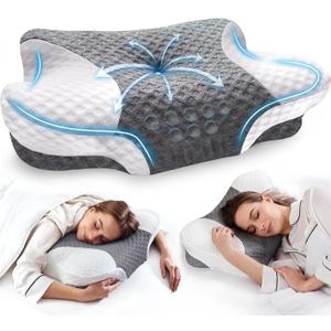 Cervical Neck Pillows with Memory Foam - Neck Pillows for Pain Relief Contour Memory Foam Pillows Ergonomic Neck Support - Adjustable Orthopedic Bed Pillows with Breathable Pillowcase for Sleeping (Grey White)