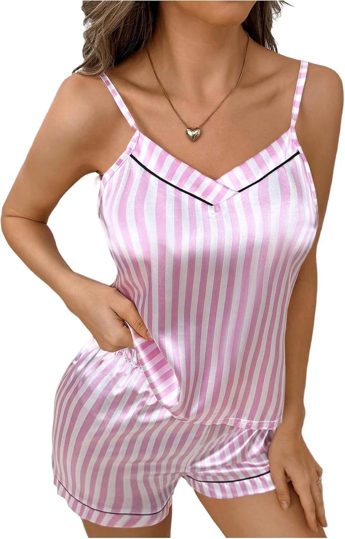 Women's 2 Piece Striped Satin Pajama Set Camisole Tops and Shorts Soft Loungewear Sets (Pink, L)