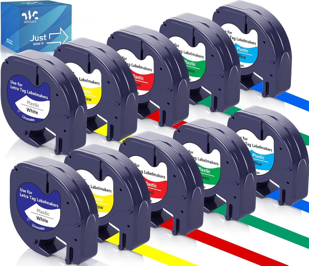 Weemay Compatible Dymo Label Maker Refills Replacement for Dymo LetraTag Plastic 1/2x13 Refill for LetraTag 200B LT-100H LT-100T QX50 Label Makers (12mm x 4m, 10 Pack) Weemay Compatible Dymo Label Maker Refills Replacement for Dymo LetraTag Plastic 1/2x13 Refill for LetraTag 200B LT-100H LT-100T QX50 Label Makers (12mm x 4m, 10 Pack)