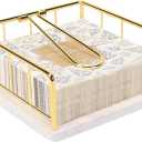 Livabber Flat Napkin Holder, Metal Kitchen Napkin Storage with Weighted Tension Arm Rustic Tissue Paper Dispenser for Countertop, Table Kitchen, Dining Room (With Marble Base, Gold)