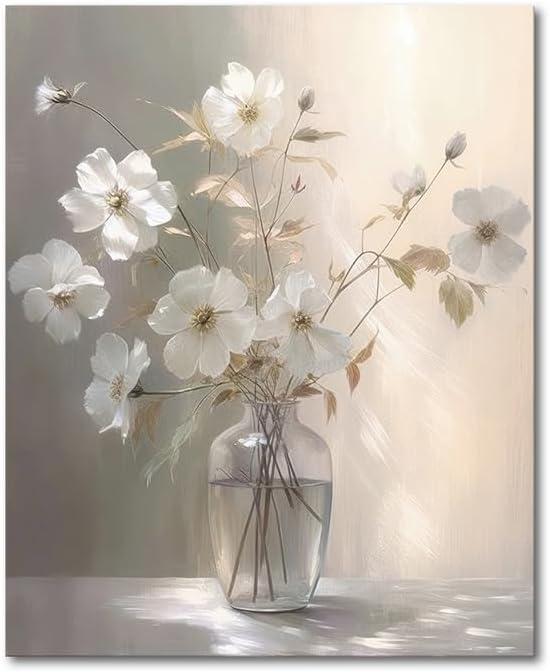 Daktenn Floral Canvas Wall Art - Bathroom Wall Decor, Modern Wall Decorations, 12 x 16 (White Flower Wrapped Canvas)