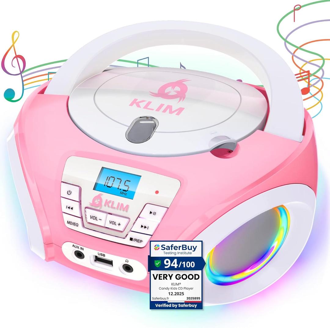 KLIM Candy Kids Portable CD Player New Version Boombox with FM Radio & Speakers Includes Batteries Cute Pink Design for Kids & Toddlers - Rose