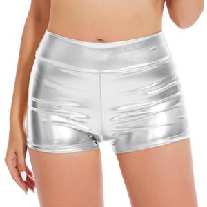 Women's Metallic Booty Shorts Shiny High Waisted Rave Bottoms for Dance Festival (Silver, Small)