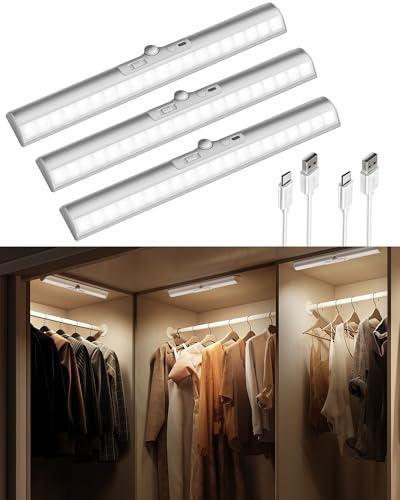 EZVALO 13-inch Motion Sensor Closet Light with Eye-Protection Design, 1800mAh Rechargeable Under Cabinet Lighting, 3 Color Temps Night Light for Pantry, Closet - 3 Pack
