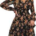 Prettywear Women's Floral Chiffon Long Sleeve Mini Dress Flowy A-Line Wrap Neck Tie Back Short Dress XL