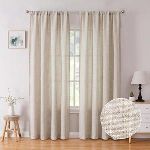 Tollpiz Linen Curtain Bedroom Rod Pocket Semi Sheer Curtains Burlap Light Filtering Thick Linen Drape for Living Room, 38 x 84 inches Long, Natural, Set of 2 Panels