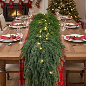 2PSC 9ft Artificial Christmas Garland with Lights, Real Touch Norfolk Pine Garland Green Christmas Garland for Mantle, Table, Fireplace, Indoor, Outdoor Christmas Decorations
