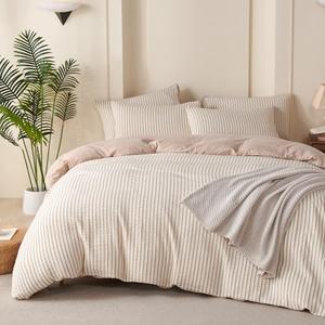 BUPIRD Duvet Cover King Striped Beige, 100% Washed Microfiber Jacquard 3 Pieces Beige King Striped Bedding Sets, with Zipper Closure & Corner Ties, Lightweight Soft Comfort Breathable (No Comforter)