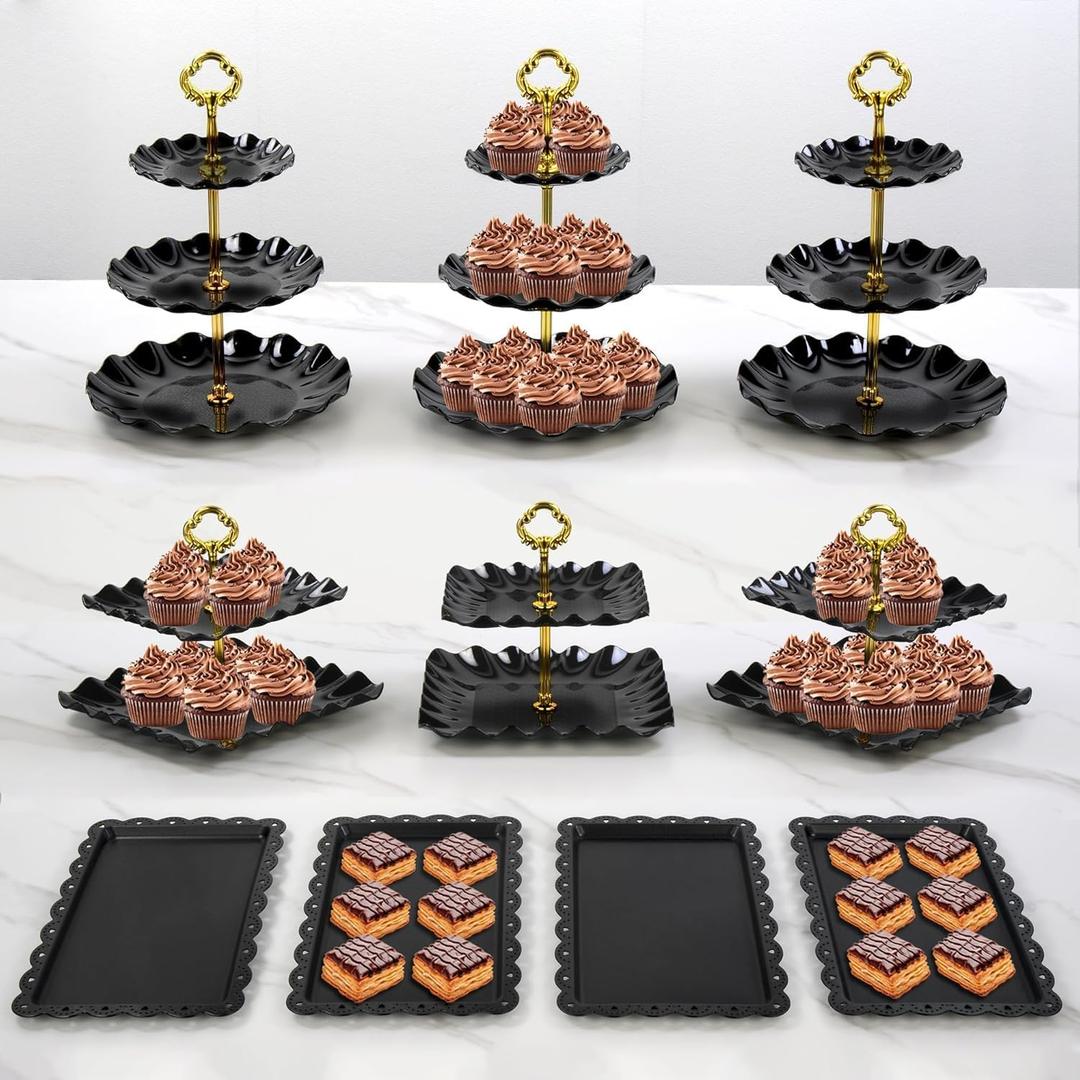 Pack of 10 NWK Cake Stand Set, with 3 x Two-Tier and 3 x Three-Tier Cupcake Stands, 4 x Appetizer Trays Perfect for Birthday Baby Bridal Shower Party (Black)