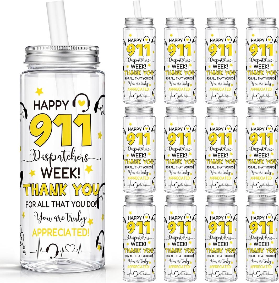 Vesici 24 Pcs 911 Dispatch Appreciation Week Gift 14.2oz Thank You Gifts Lid and Straw Plastic Reusable Tumbler Bulk Drinking Cup for Dispatcher Happy 911 Dispatch Appreciation Week Party Favors