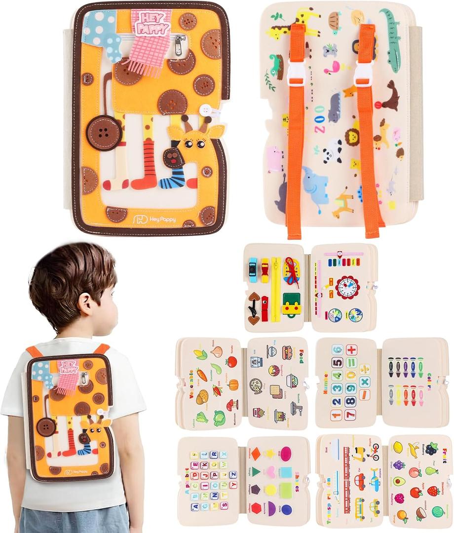 Busy Board Montessori Toys, 12 in 1 Busy Book Learning Sensory Toys for Toddlers with Fine Motor Skills, Busy Book Toys with Backpack Strap, Giraffe Shape
