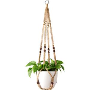 Mkono Macrame Plant Hanger Indoor Jute Hanging Planter Basket with Wood Beads Decorative Flower Pot Holder No Tassels for Indoor Outdoor Boho Home Decor 35 Inch, Brown, Set of 1 (POTS NOT Included)