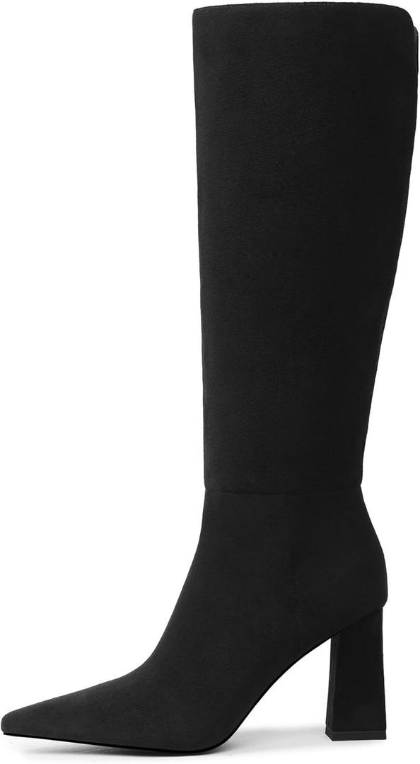 Meolee Knee High Boots for Women Chunky High Heel Long Boots Pointed Toe Leather Boots with Side Zipper (Black)