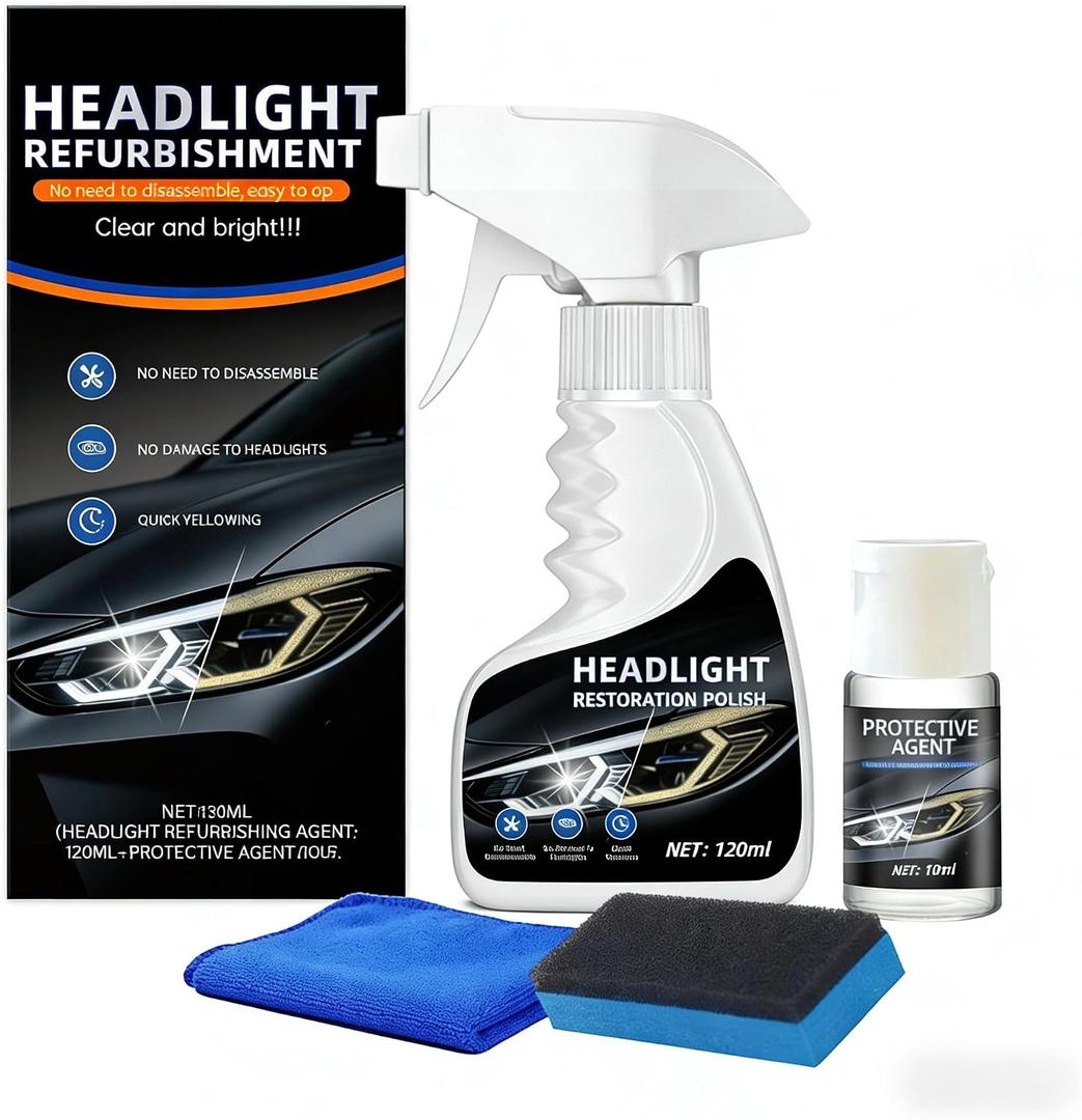 10X Brighter Headlight Restoration Kit - Pro Grade Headlight Cleaner & Sealant, Fixes Yellowed Cloudy Lenses to Crystal Clear in 5 Mins, Car Accessories Car Cleaning Supplies for Night Driving Safety