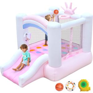Inflatable Bounce House for Kids, 104" X 72" X 71" Bouncy Castle for Ages 3-8, Bouncer with Slide, Jumping Area, Basketball Hoop, Twister Game, Blower Included