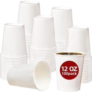 Paper Coffee Cups 12 OZ Disposable Hot and Cold Cups Leak-Proof White Cups for Coffee Tea Ideal for Home Office and Events (100 Count)